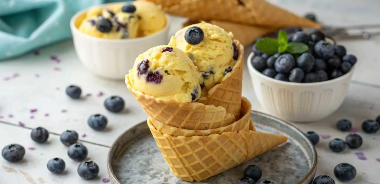 A creamy, vibrant scoop of lemon blueberry ice cream served in a waffle cone, with visible swirls of blueberry on top, set against a sunny, bright background.