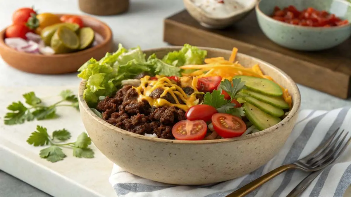 Burger-inspired bowl with romaine lettuce, beef, cherry tomatoes, cheddar cheese, pickles, and special sauce garnished with parsley on a wooden table