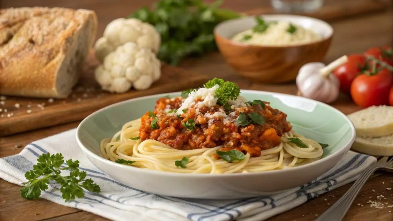 A bowl of cauliflower and lentil bolognese served over pasta, garnished with parsley and Parmesan, perfect for a cozy dinner