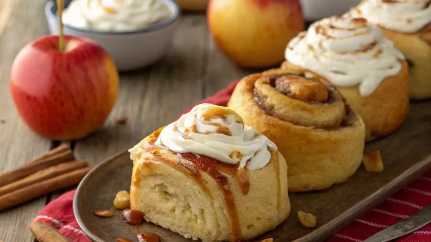 freshly baked apple pie cinnamon rolls topped with cream cheese frosting