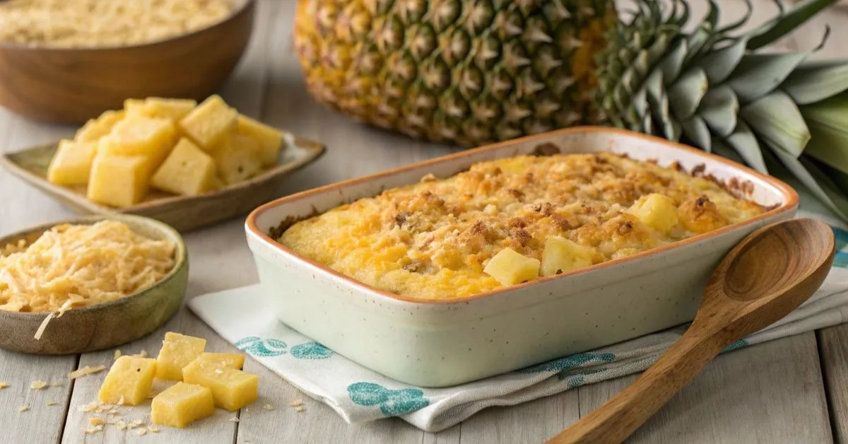 Pineapple Casserole with a golden buttery cracker crust, melted cheese, and pineapple peeking through, on a rustic table with a wooden spoon and napkin.