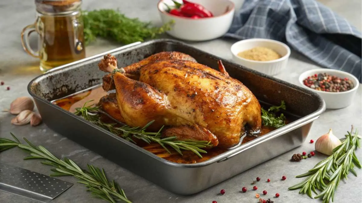 Freshly cooked rotisserie chicken in a baking tray with golden, glistening skin surrounded by herbs