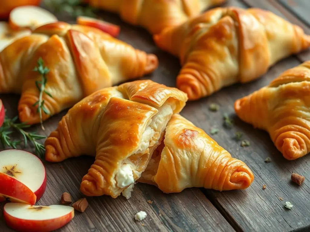 Freshly baked goat cheese and apple turnovers on a rustic wooden table, featuring golden flaky pastry with a glossy finish and warm, gooey filling oozing out. Surrounded by sliced apples, fresh herbs, and a hint of cinnamon, with soft natural lighting highlighting the textures.