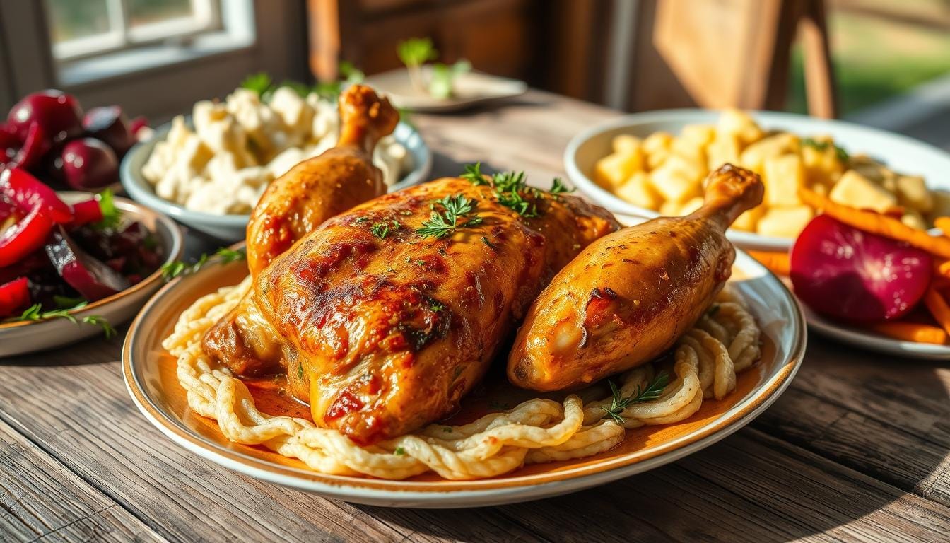 Authentic Polish chicken dish served on a rustic wooden table, featuring tender, golden-brown chicken garnished with fresh herbs, surrounded by traditional sides like creamy mashed potatoes and vibrant beet salad