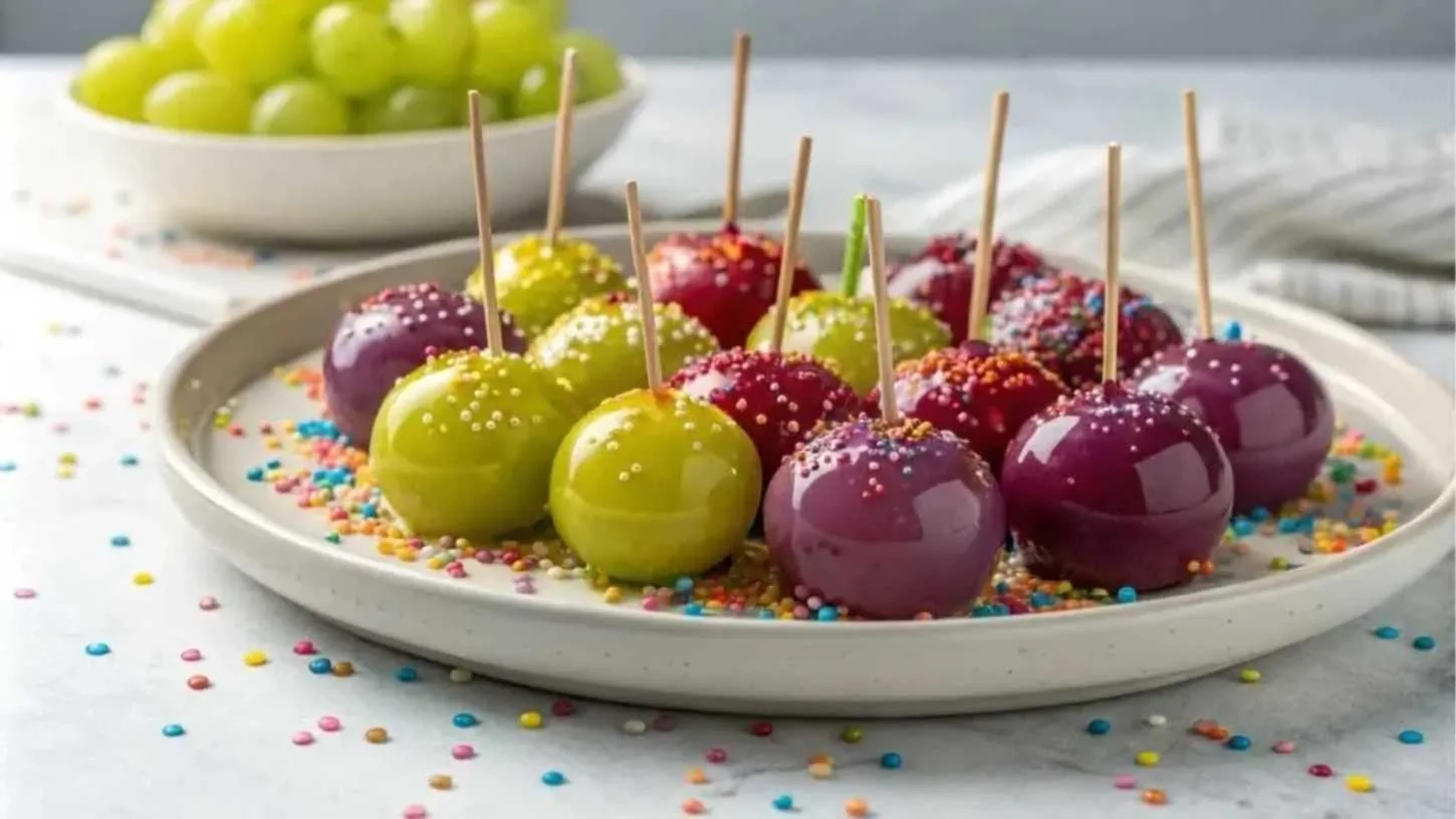 Colorful candied grapes coated in a shiny candy shell with sprinkles.