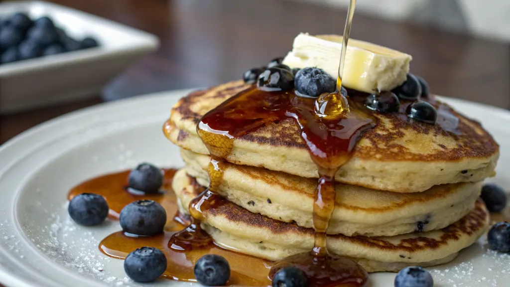 Breakfast table with sourdough discard pancakes, maple syrup, and fresh fruit.