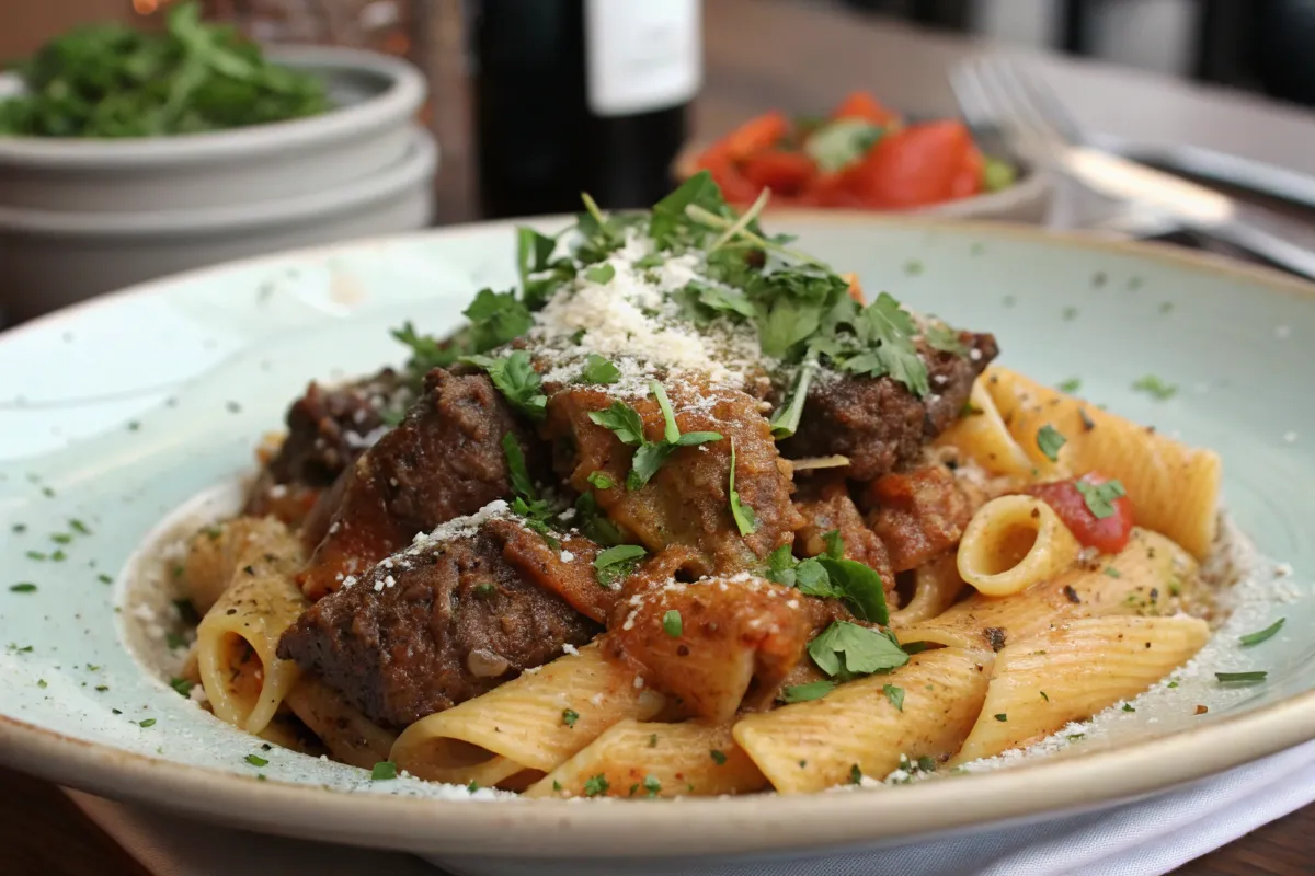 One pot beef and pasta meal served with cheese and herbs.