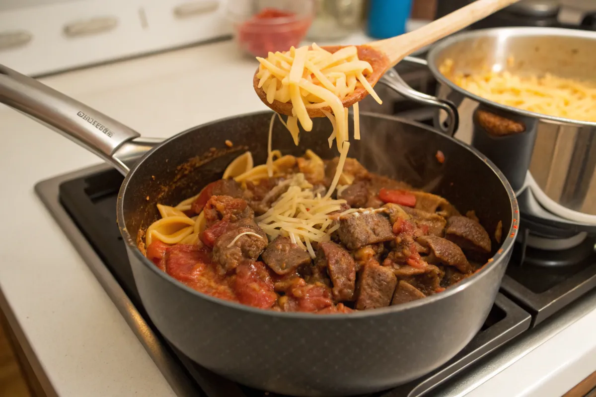 One pot beef and pasta meal cooking with beef and pasta in sauce.