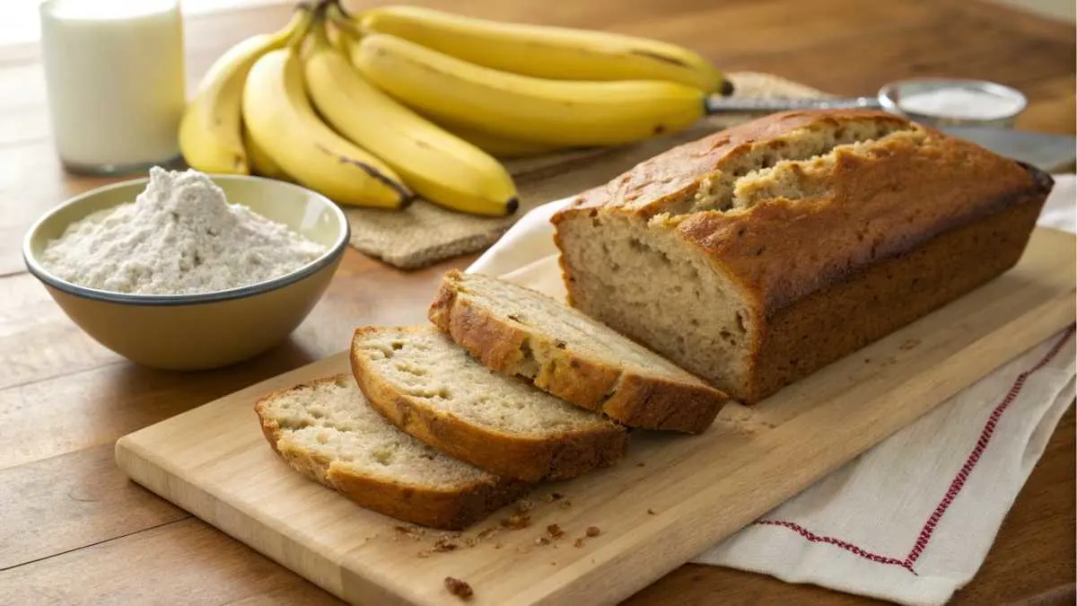 Golden loaf of 3-ingredient banana bread with slices on a cutting board, surrounded by ripe bananas and flour.