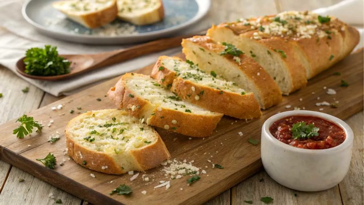 Golden garlic bread slices on a wooden cutting board, garnished with parsley and Parmesan, served with marinara sauce.