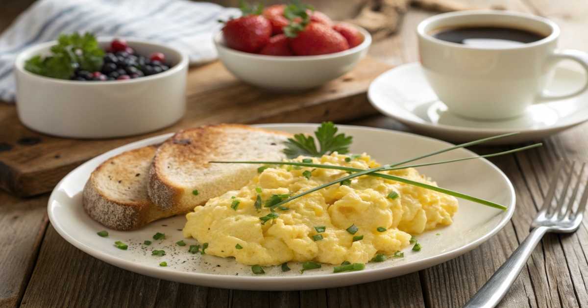 A plate of fluffy cottage cheese scrambled eggs with parsley, served with whole-grain toast