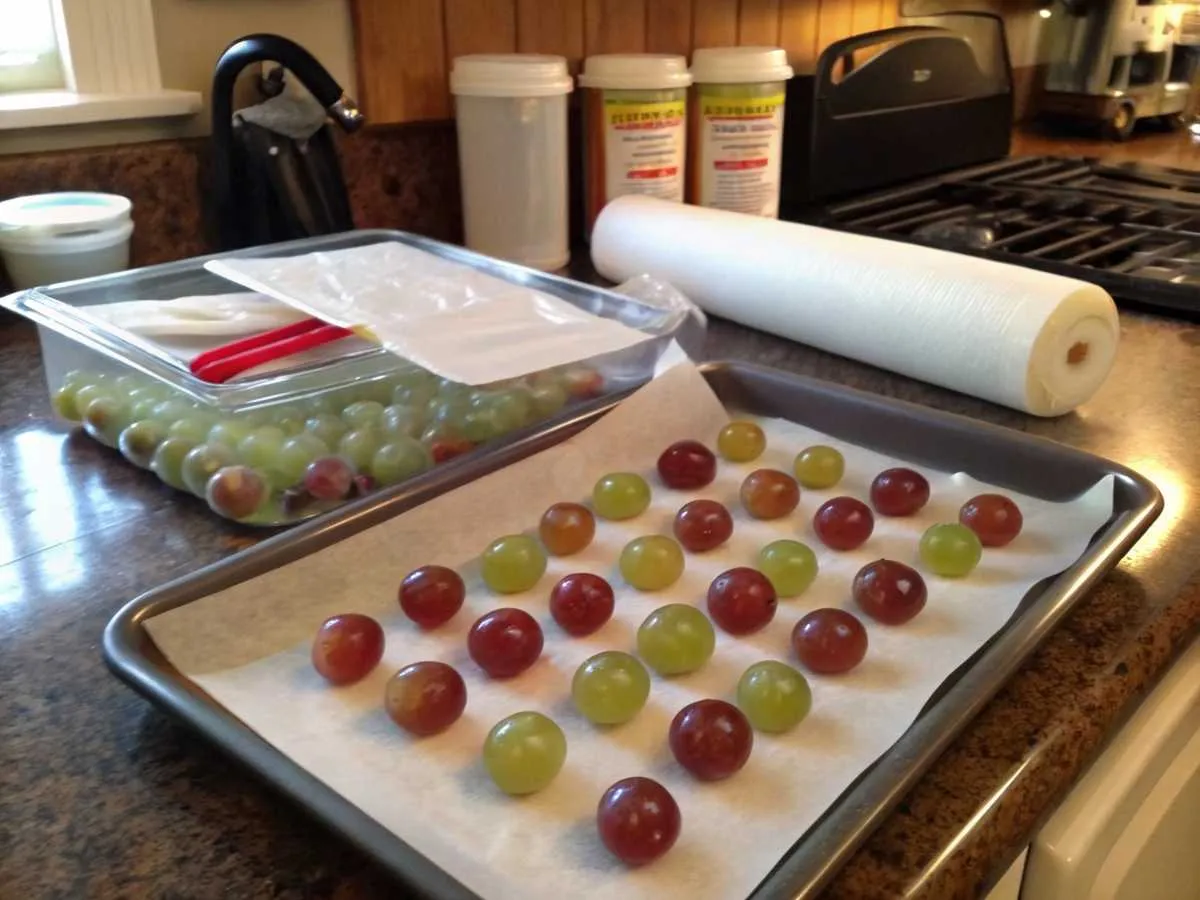 a-clean-kitchen-counter-with-freshly-candied-grape Freshly candy grapes cooling on a wax-paper-lined tray with storage tools nearby.