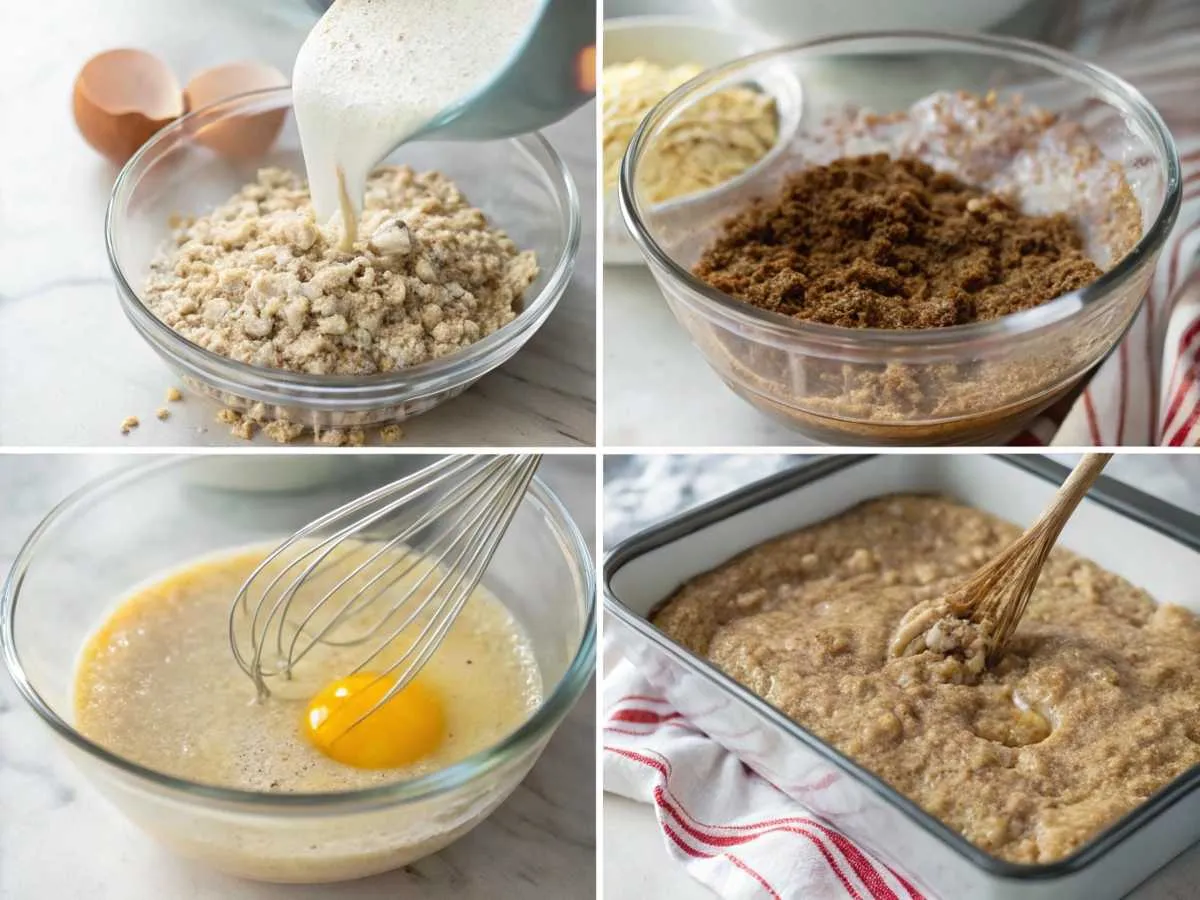 a-collage-of-four-amateur-photos-showing-the-baked Collage showing the step-by-step process of making baked oatmeal, from mixing to testing for doneness.