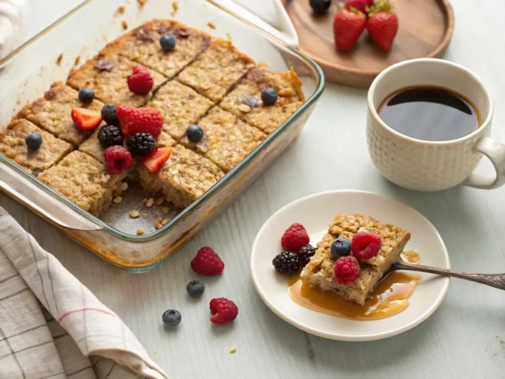 Why Is My Baked Oatmeal Gummy? 3 A finished baked oatmeal topped with fresh berries and honey, served on a plate next to coffee.
