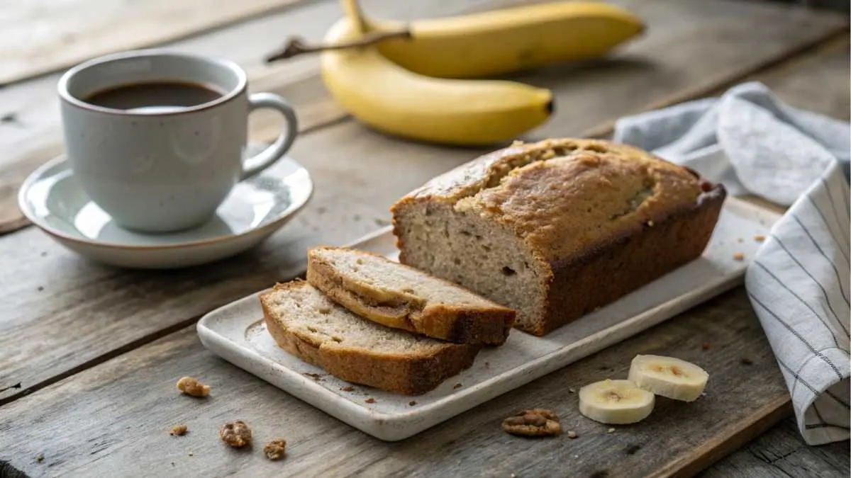 a-freshly-baked-loaf-of-3-ingredient-banana-bread- Sliced banana bread on a rustic table with coffee and natural light