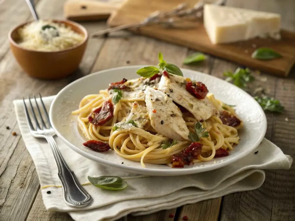 A beautifully plated serving of Marry Me Chicken Pasta garnished with basil and Parmesan on a rustic table.