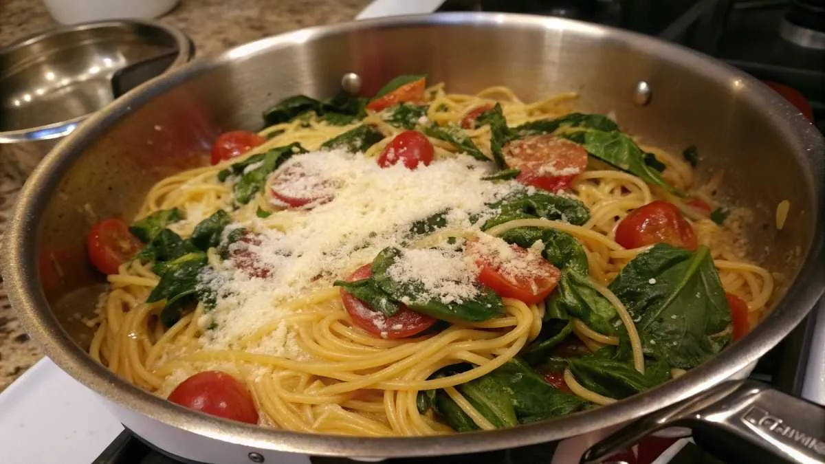 One-pot pasta dish with cherry tomatoes and spinach for an easy dinner idea.