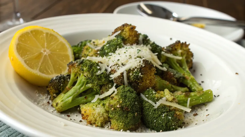 Air Fryer Frozen Broccoli Recipe: Crispy & Delicious Made Easy 3 Plated Air Fryer Frozen Broccoli with Parmesan and lemon.