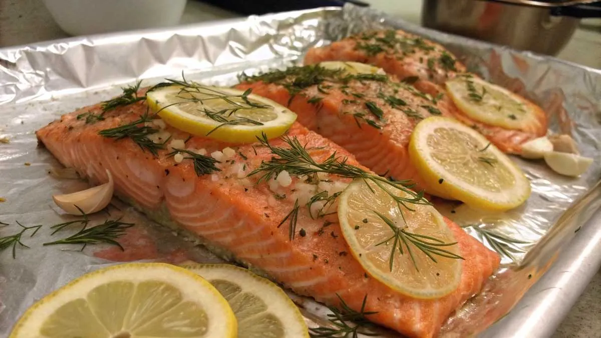 Close-up of baked salmon fillets seasoned with lemon, garlic, and dill on foil.