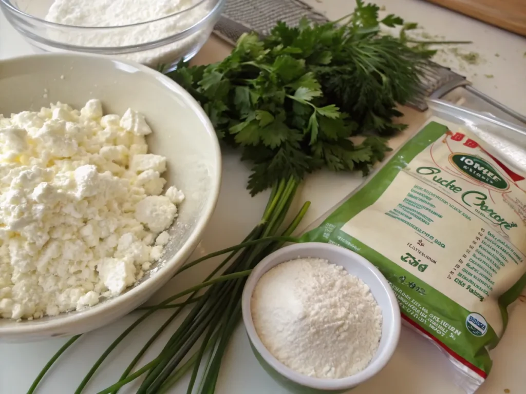 key ingredients for cottage cheese flatbread, including cottage cheese, flour, baking powder, and fresh herbs.