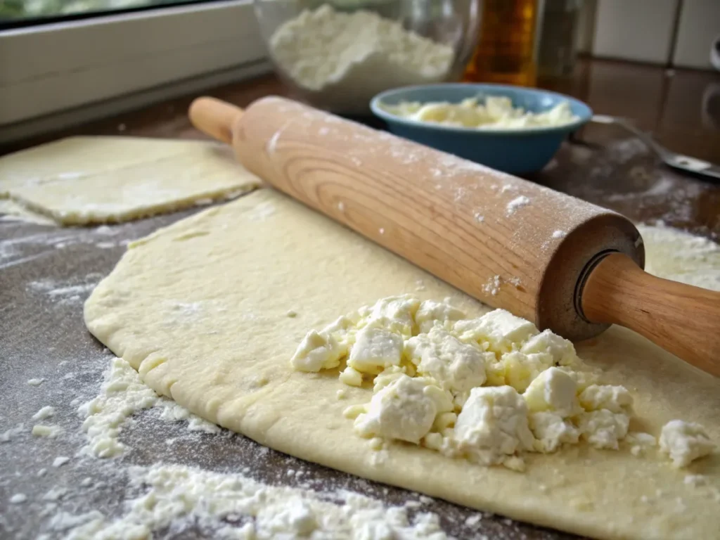 Step-by-step preparation of cottage cheese flatbread, showing rolled-out dough ready for cooking.