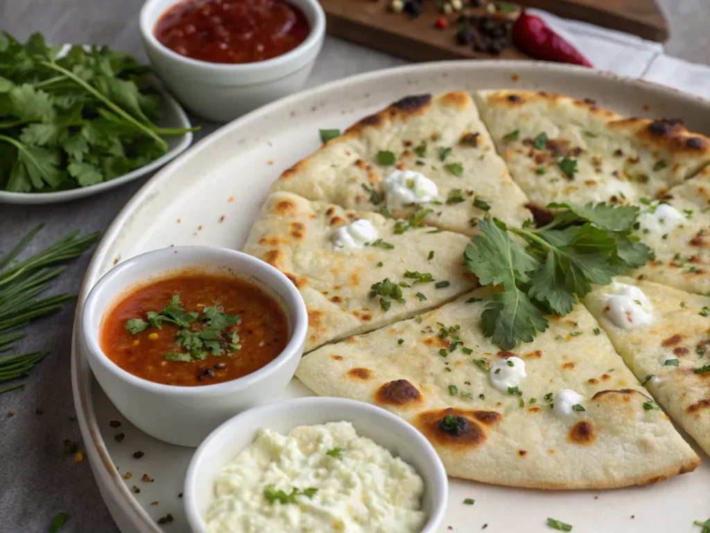 Cottage cheese flatbread served with dipping sauces and garnished with fresh herbs, highlighting its versatility.