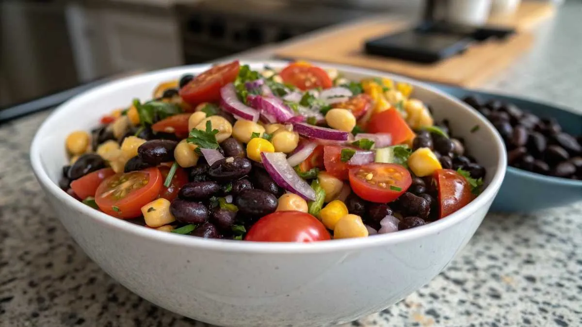 dense bean salad recipe with fresh ingredients on a modern kitchen countertop.