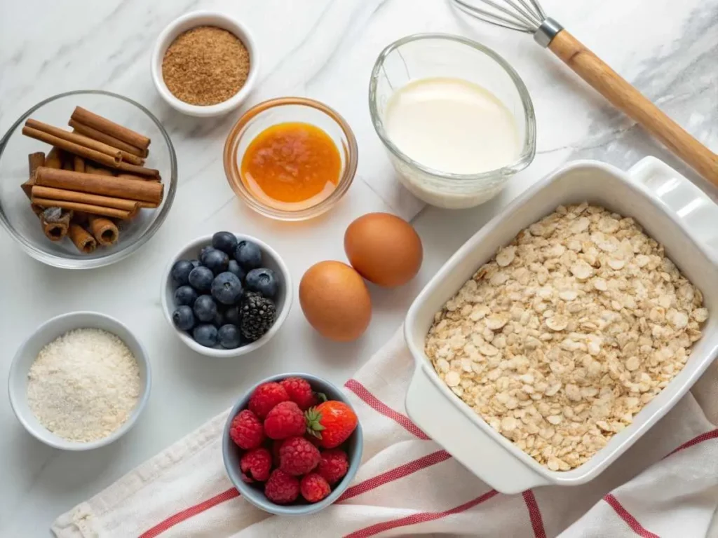 Why Is My Baked Oatmeal Gummy? 2 Ingredients for baked oatmeal, including oats, milk, eggs, and cinnamon, arranged flat-lay on a kitchen counter.