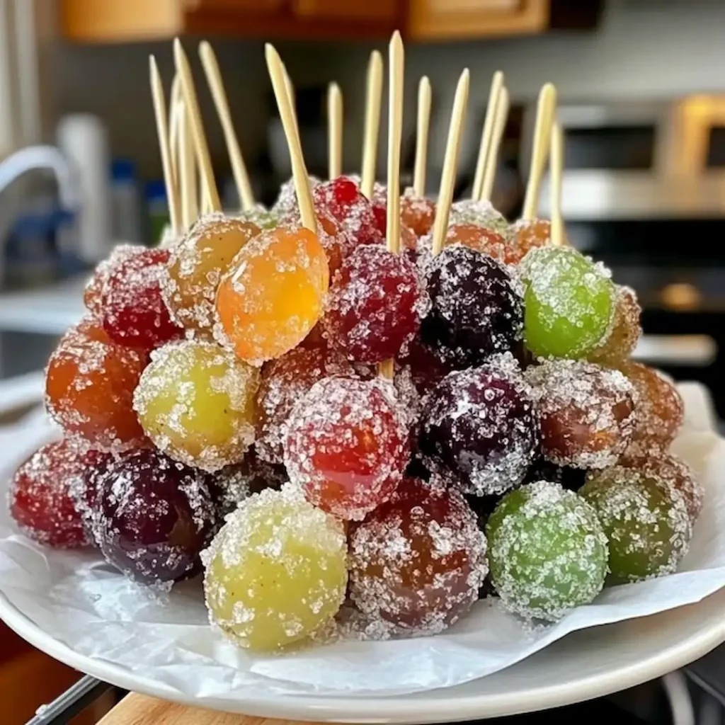 Candy Grapes: The Ultimate Guide to This Irresistible Sweet Treat 2 A plate of colorful homemade candy-coated grapes with a sugar crystal coating.