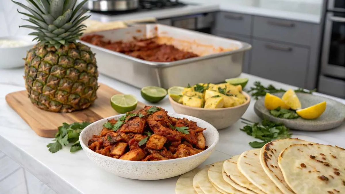 Homemade Chicken Al Pastor on a modern kitchen countertop with fresh pineapple and tortillas.