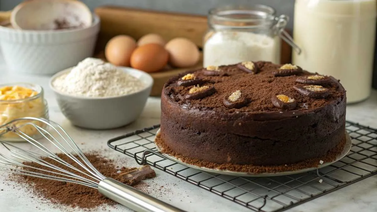 Homemade chocolate cake with a sticky texture, surrounded by baking ingredients on a modern kitchen countertop.