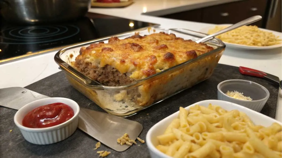 Homemade Mac and Cheese Meatloaf Casserole on a modern kitchen countertop.