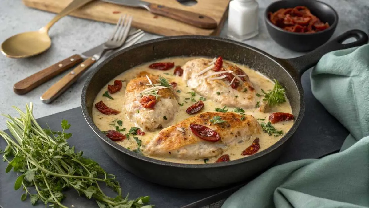 Homemade Marry Me Chicken with creamy sauce and sun-dried tomatoes sitting on a modern kitchen countertop.