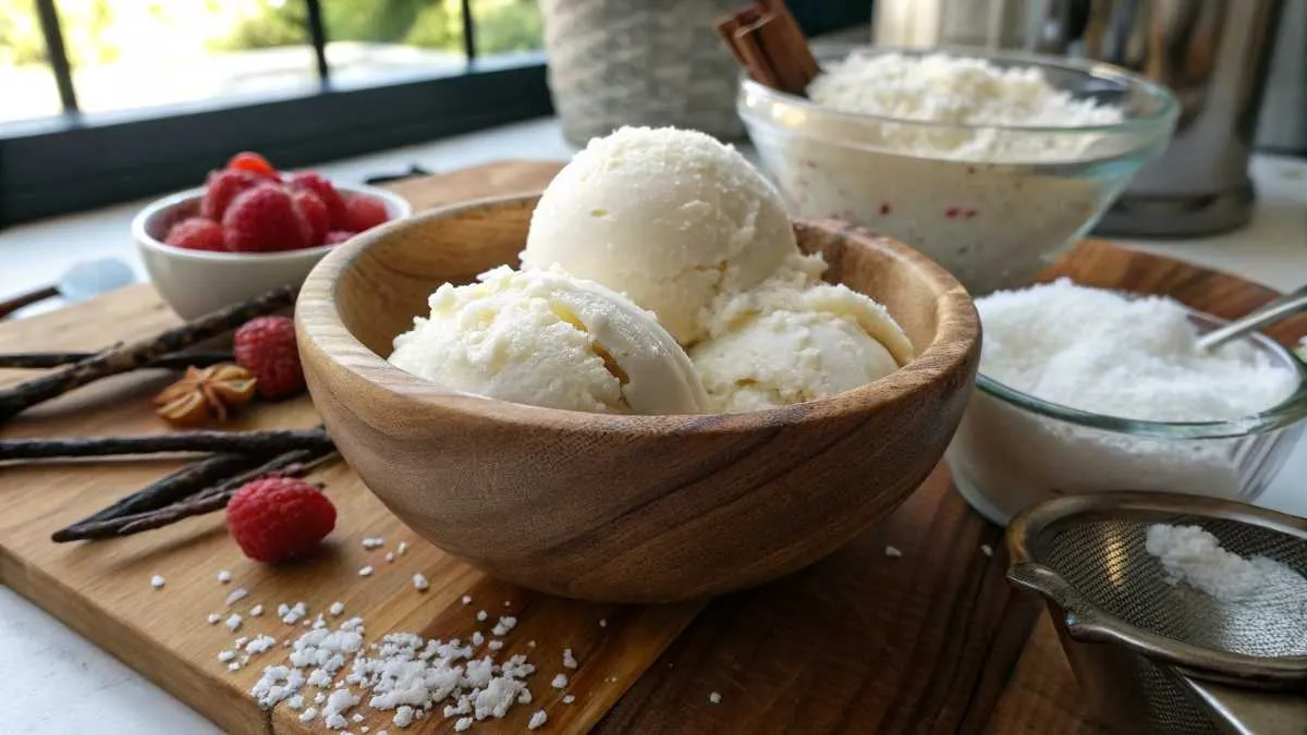 Homemade snow ice cream on a kitchen countertop with milk, sugar, and vanilla ingredients visible in the background