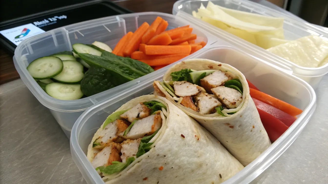 Chicken wraps in a container with veggies.