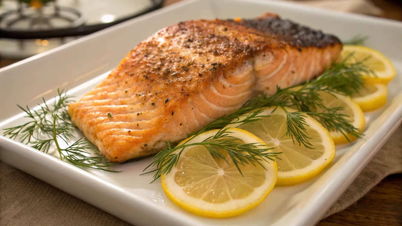 Pan-seared salmon with crispy skin, garnished with lemon and dill.