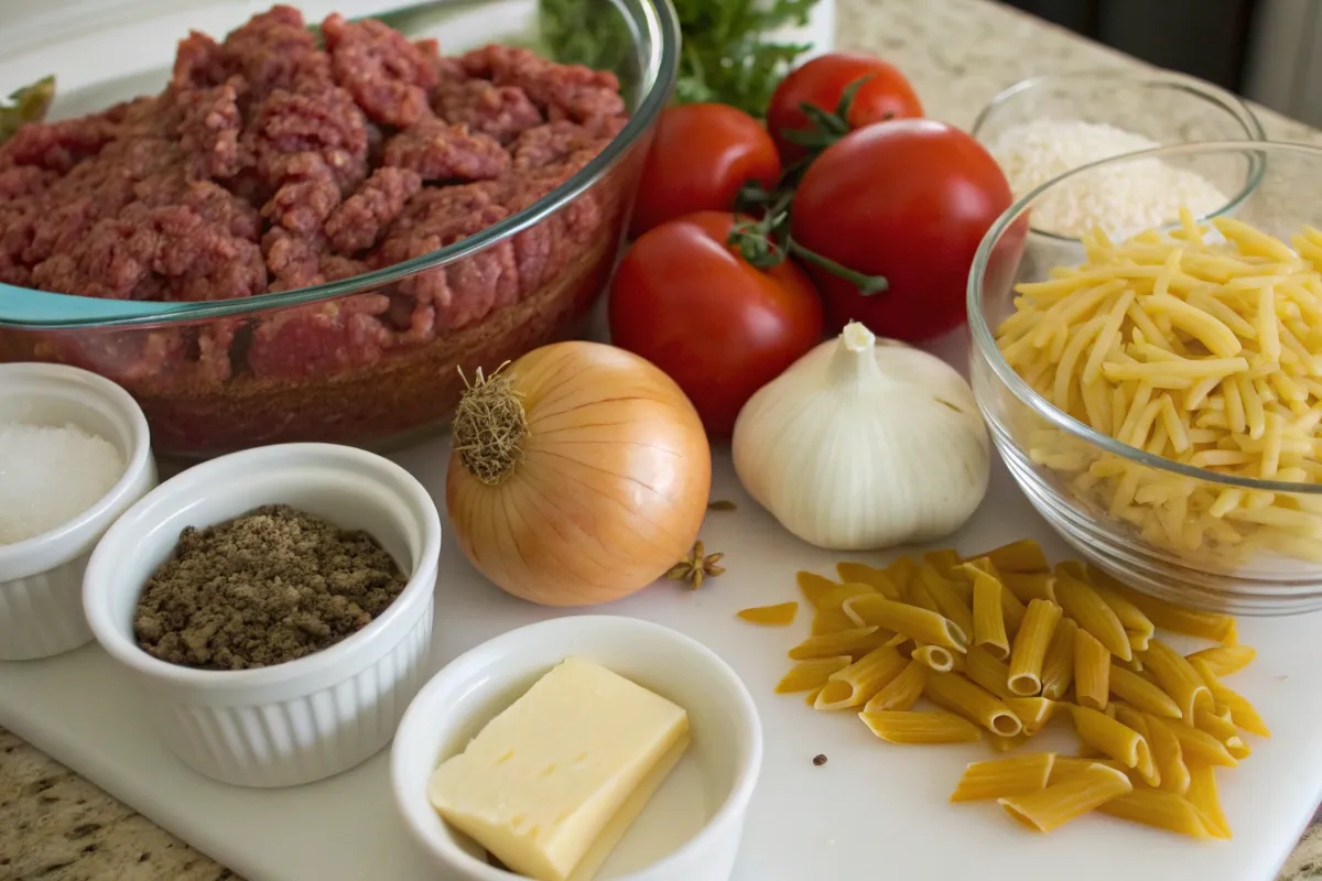 One pot beef and pasta meal ingredients.