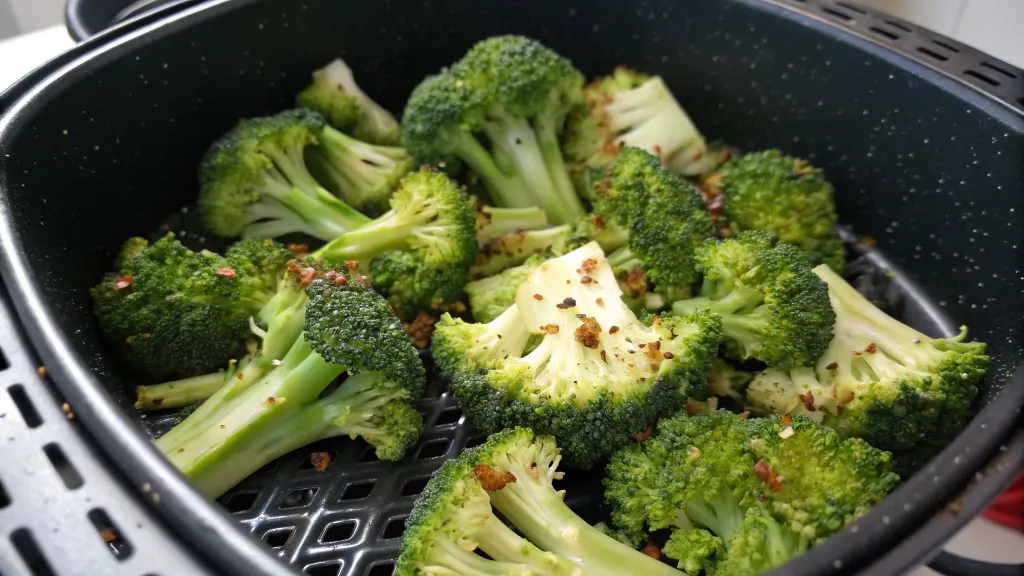 Air Fryer Frozen Broccoli Recipe: Crispy & Delicious Made Easy 2 Air Fryer Frozen Broccoli cooking in the air fryer basket.