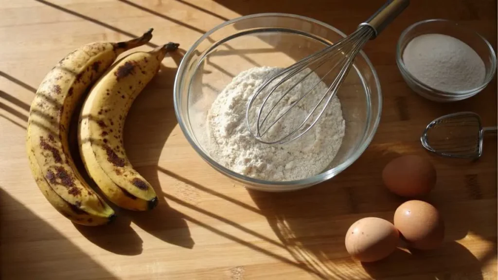 How to Make 3 Ingredient Banana Bread Perfectly Every Time 2 Ripe bananas, self-rising flour, and eggs on a wooden countertop