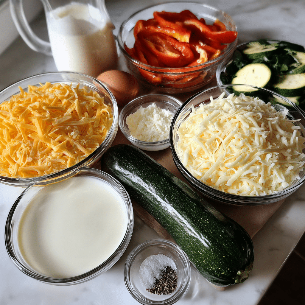 Ingredients for crustless vegetable quiche arranged on a countertop.
